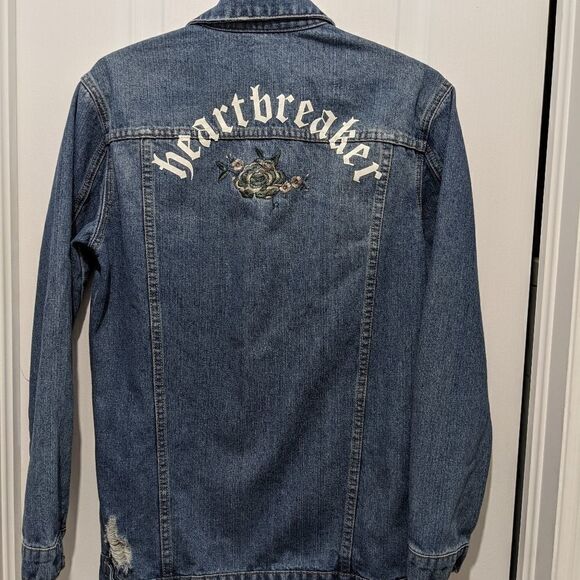 EIGHTYTWO Embroidered distressed denim jean jacket size Small @F - Picture 9 of 11